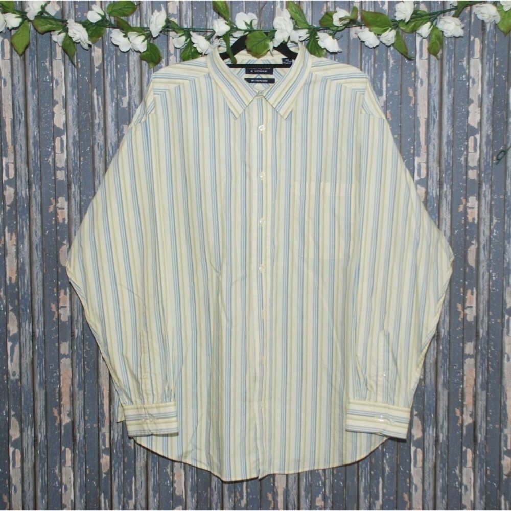 Roundtree & Yorke Men's Shirt Size 2X Yellow, White & Blue Stripped Long Sleeve